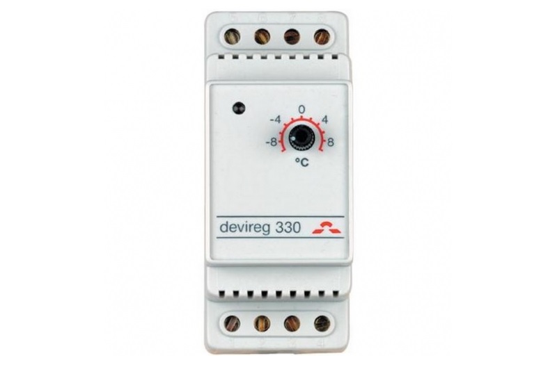 Терморегулятор DEVIreg 330 предназначен для защиты от замерзания, в системах стаивания снега. Для крепления на профиль DIN.